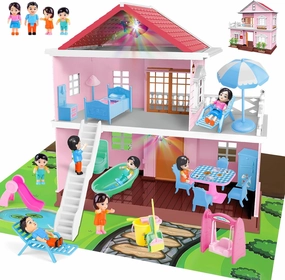 deAO Dollhouse for Girls,2-Story Doll House with 4 Dolls & Play Mat,DIY Pretend Play Building Playset,Dollhouse Asseccories and Furniture,Gift for 3  Girls Boys
