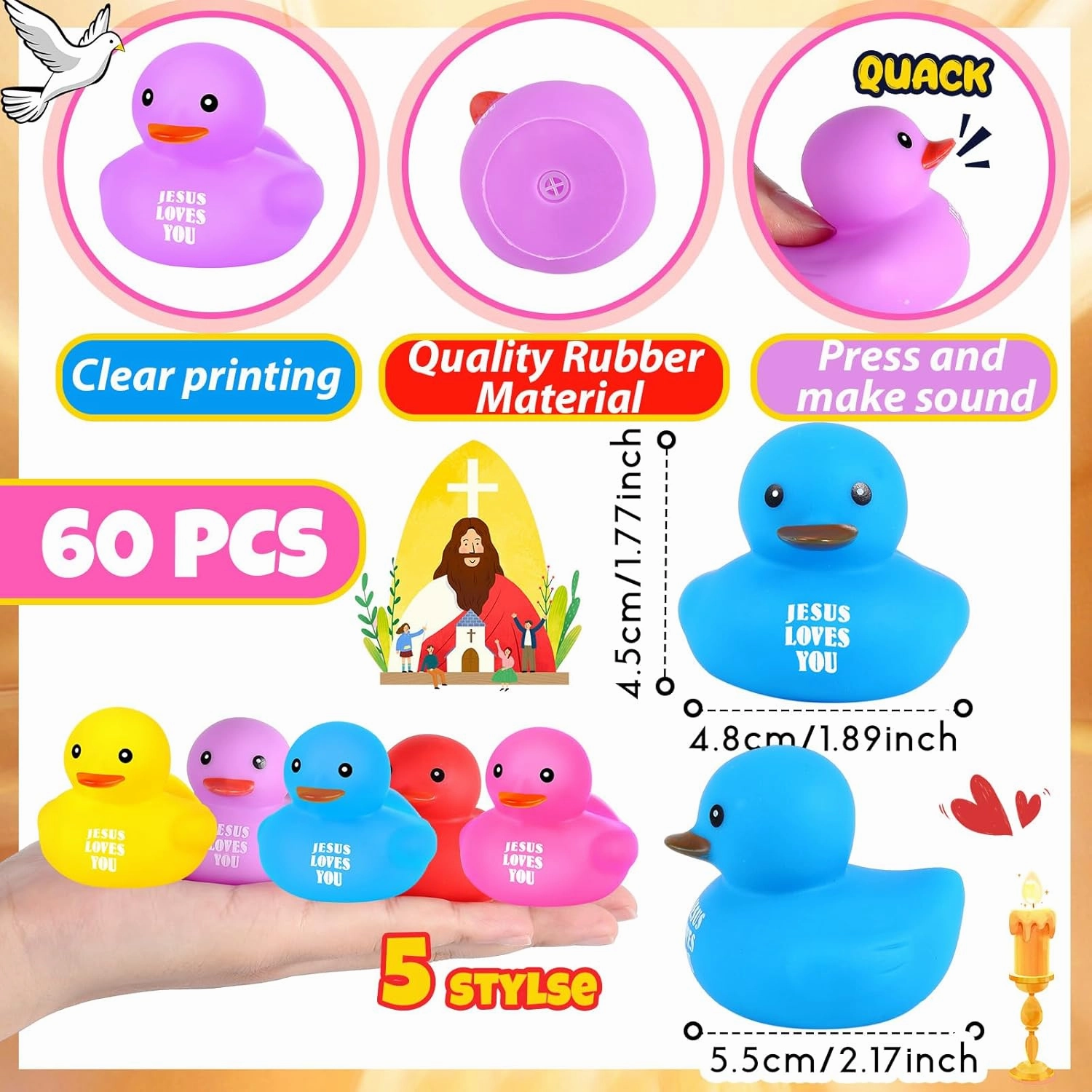 Deekin 100 Pcs Jesus Loves You Rubber Ducks Bulk Multicolor Rubber Ducks Baby Bath Toys for Baby Shower Pool Religious Party Favors Birthday Gifts Church Reward (2.2 Inch)