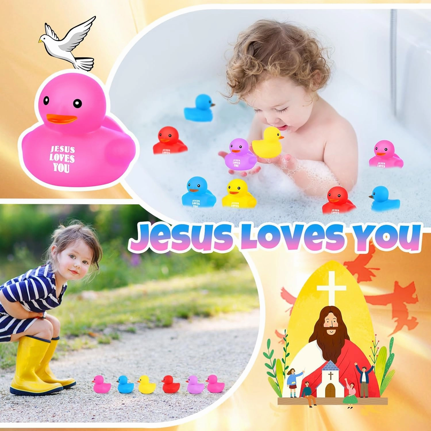 Deekin 100 Pcs Jesus Loves You Rubber Ducks Bulk Multicolor Rubber Ducks Baby Bath Toys for Baby Shower Pool Religious Party Favors Birthday Gifts Church Reward (2.2 Inch)