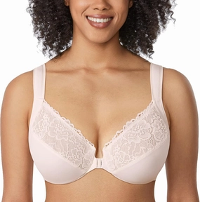 DELIMIRA Women's Front Closure Bras Plus Size Lace Full Coverage Underwire Unlined Bra