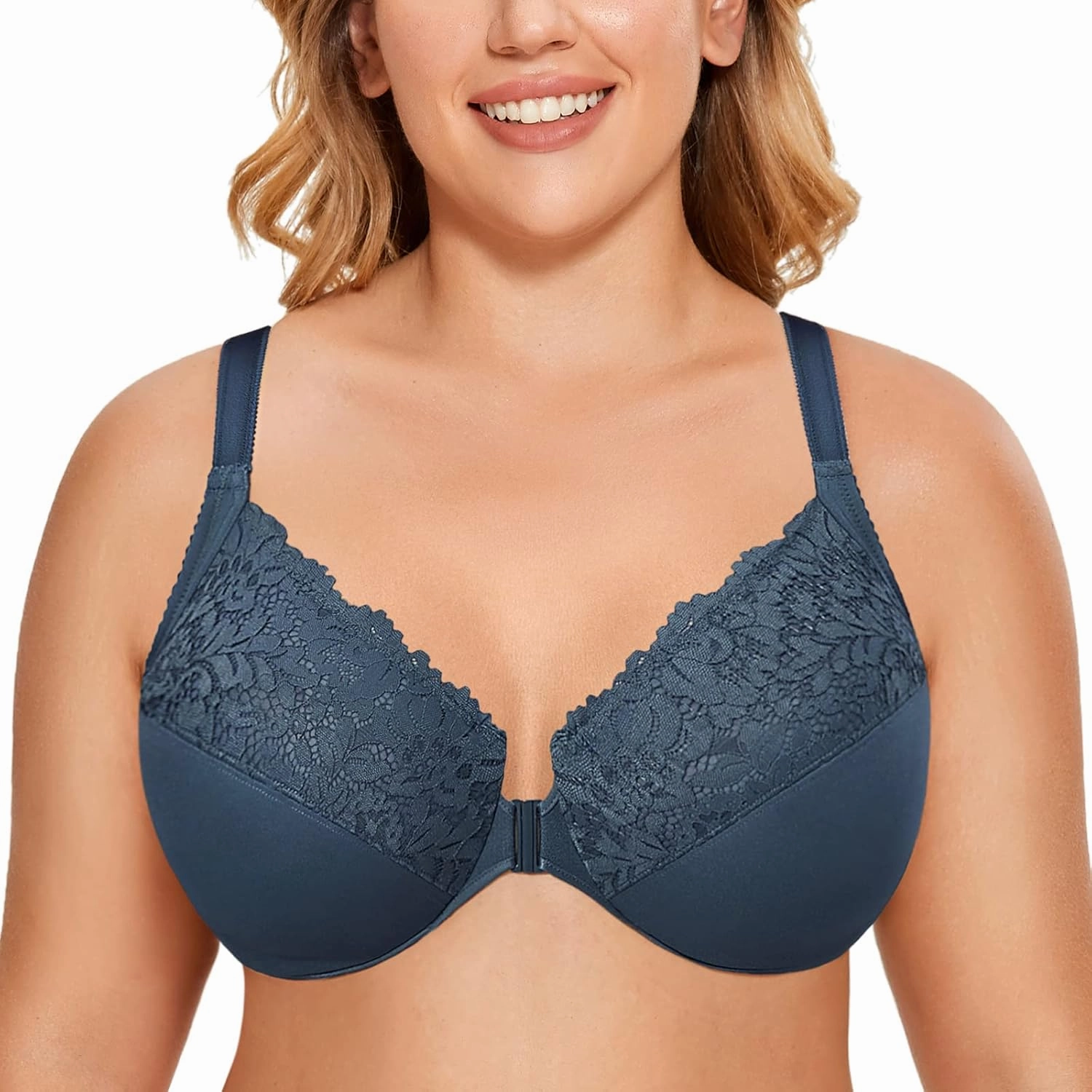DELIMIRA Women's Front Closure Plus Size Full Coverage Lace Underwire Racerback Bra