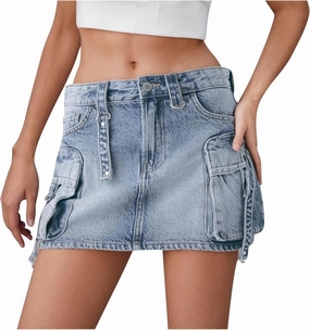 Denim Skort Skirts for Women Casual Mini Jean Skirt Stretch Low Waisted Zip Fly Cargo Denim Skirt Streetwear