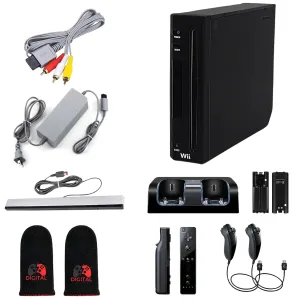 Digital Dynasty Nintendo Wii Console Black Premium Bundle with 1-Year Warranty Includes 2 Remotes, 2 Nunchucks, Dual Dock Stand, Sensor Bar, AV Cable and 2 Gaming Sleeves (Renewed)