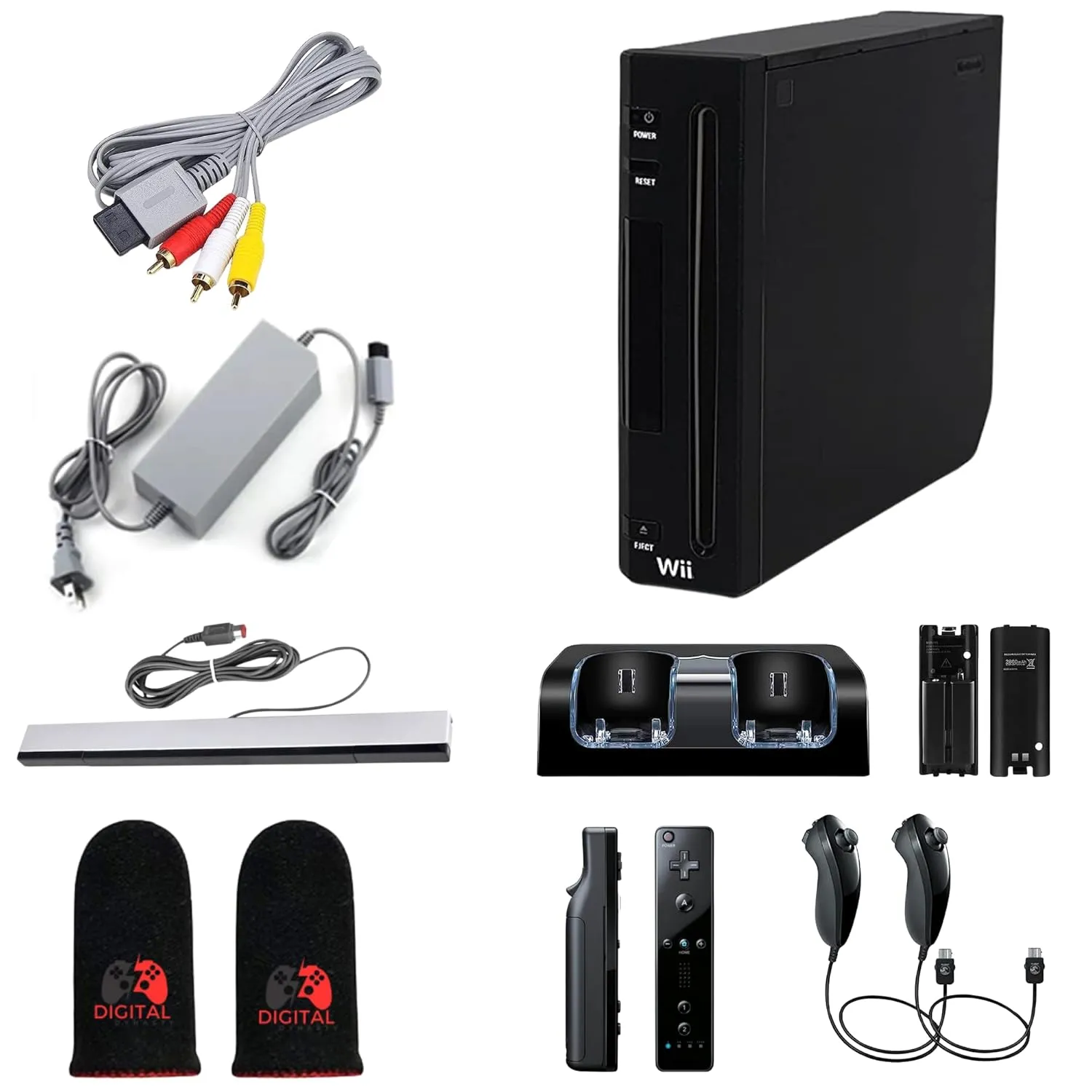 Digital Dynasty Nintendo Wii Console Black Premium Bundle with 1-Year Warranty Includes 2 Remotes, 2 Nunchucks, Dual Dock Stand, Sensor Bar, AV Cable and 2 Gaming Sleeves (Renewed)