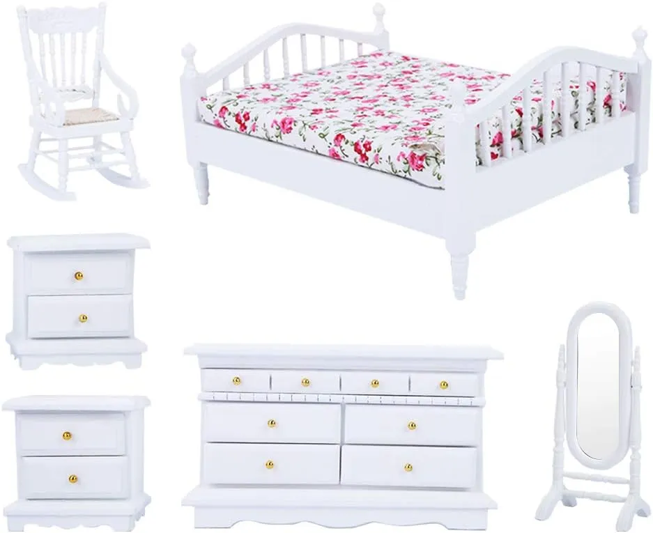 Dilwe 1:12 6pcs Mini Dollhouse,Wooden White Bedroom Furniture Set,Dollhouse Accessory for Decoration