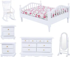 Dilwe 1:12 6pcs Mini Dollhouse,Wooden White Bedroom Furniture Set,Dollhouse Accessory for Decoration