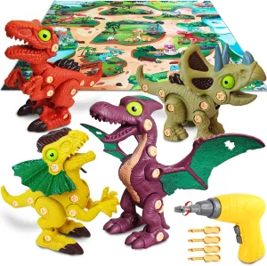 Dinosaur Toys Take Apart Set with Electric Drill & Play Mat | DIY Construction Building Kit for Kids Ages 3-8 | STEM Toys for Boys & Girls | Holiday & Christmas & Birthday Gift