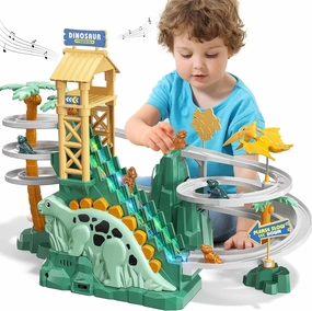 Dinosaur Climbing Slide Stair Toy for Toddlers Aged 3 4 5 6 7 8 - Racing Track Game Set, Sliding Car Toy, Dinosaur Themed with Light and Music, Birthday Dinosaur Gifts for Boys Girls Kids