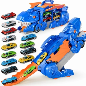Dinosaur Planet Truck Toys for Boys 3 4 5 6 7 8 Year Old - 2 Layer Transformed Dinosaur Transport Car Carrier Truck with 12 Diecast Race Cars, Car Track Set for Kids 3-5, Birthday Gifts Toys(Blue)
