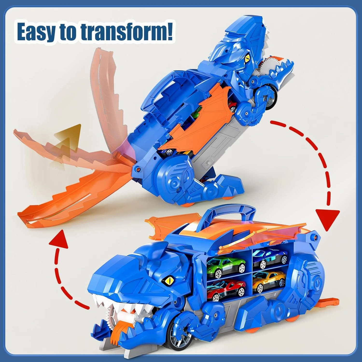 Dinosaur Planet Truck Toys for Boys 3 4 5 6 7 8 Year Old - 2 Layer Transformed Dinosaur Transport Car Carrier Truck with 12 Diecast Race Cars, Car Track Set for Kids 3-5, Birthday Gifts Toys(Blue)