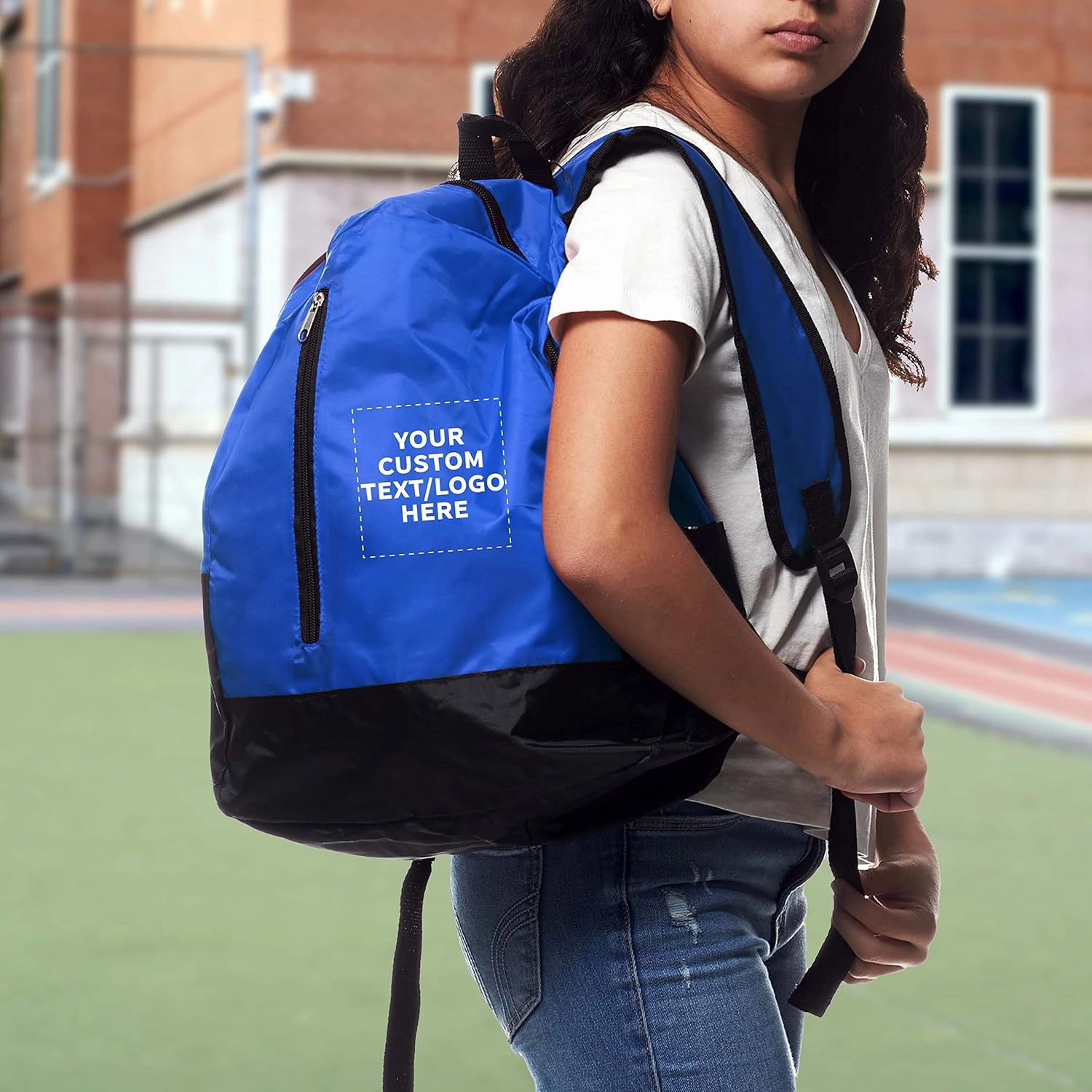 DISCOUNT PROMOS 6 Quick Zip Backpacks Set - Customizable Text, Logo - Polyester, Unique features, Front Pocket, Vibrant - Blue