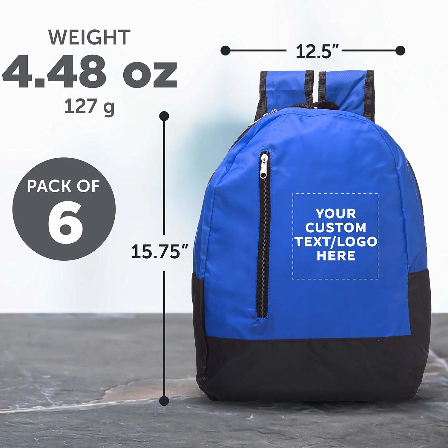 DISCOUNT PROMOS 6 Quick Zip Backpacks Set - Customizable Text, Logo - Polyester, Unique features, Front Pocket, Vibrant - Blue
