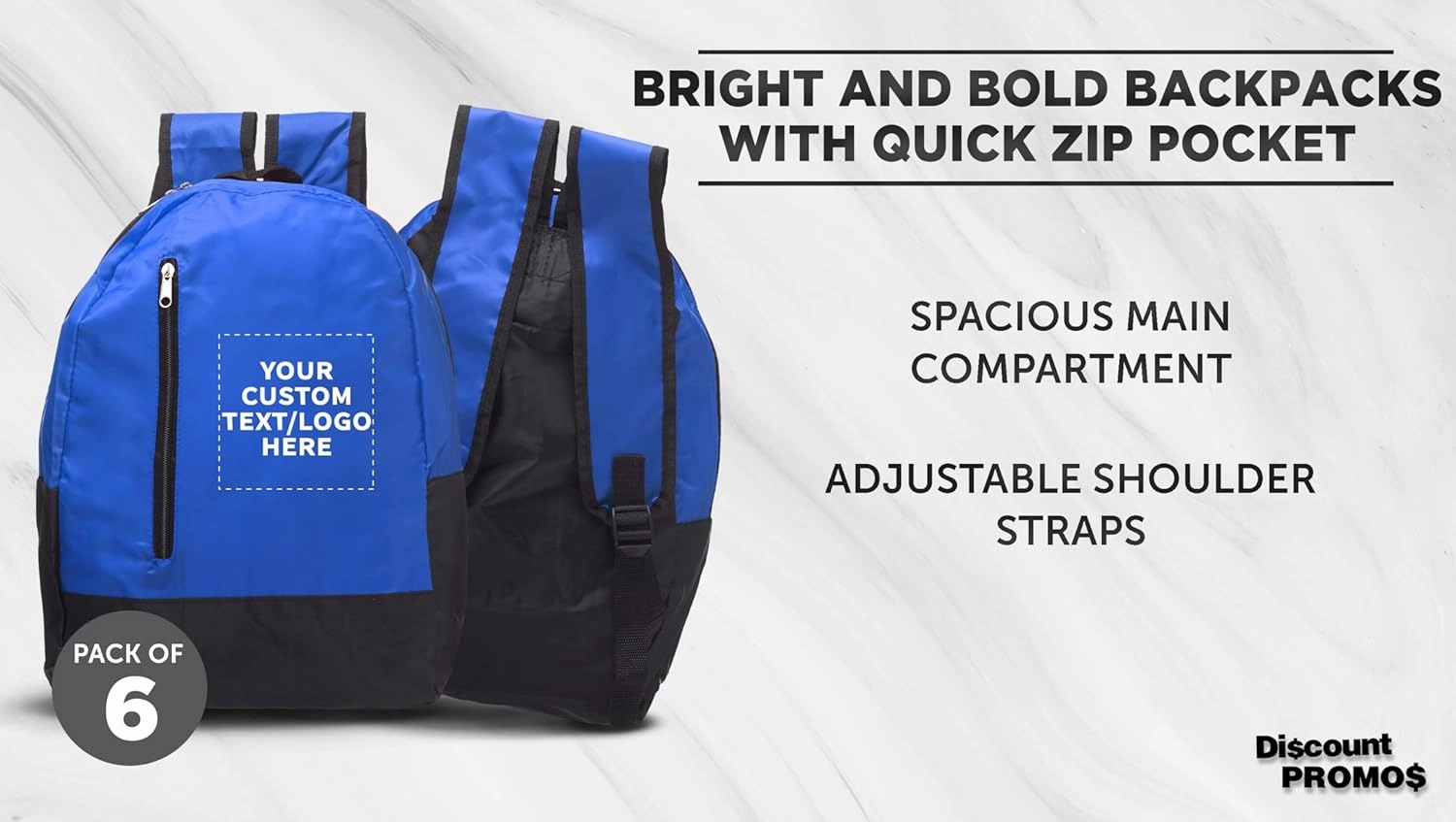 DISCOUNT PROMOS 6 Quick Zip Backpacks Set - Customizable Text, Logo - Polyester, Unique features, Front Pocket, Vibrant - Blue