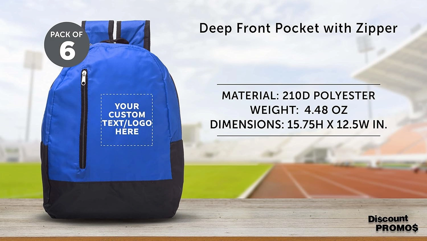 DISCOUNT PROMOS 6 Quick Zip Backpacks Set - Customizable Text, Logo - Polyester, Unique features, Front Pocket, Vibrant - Blue