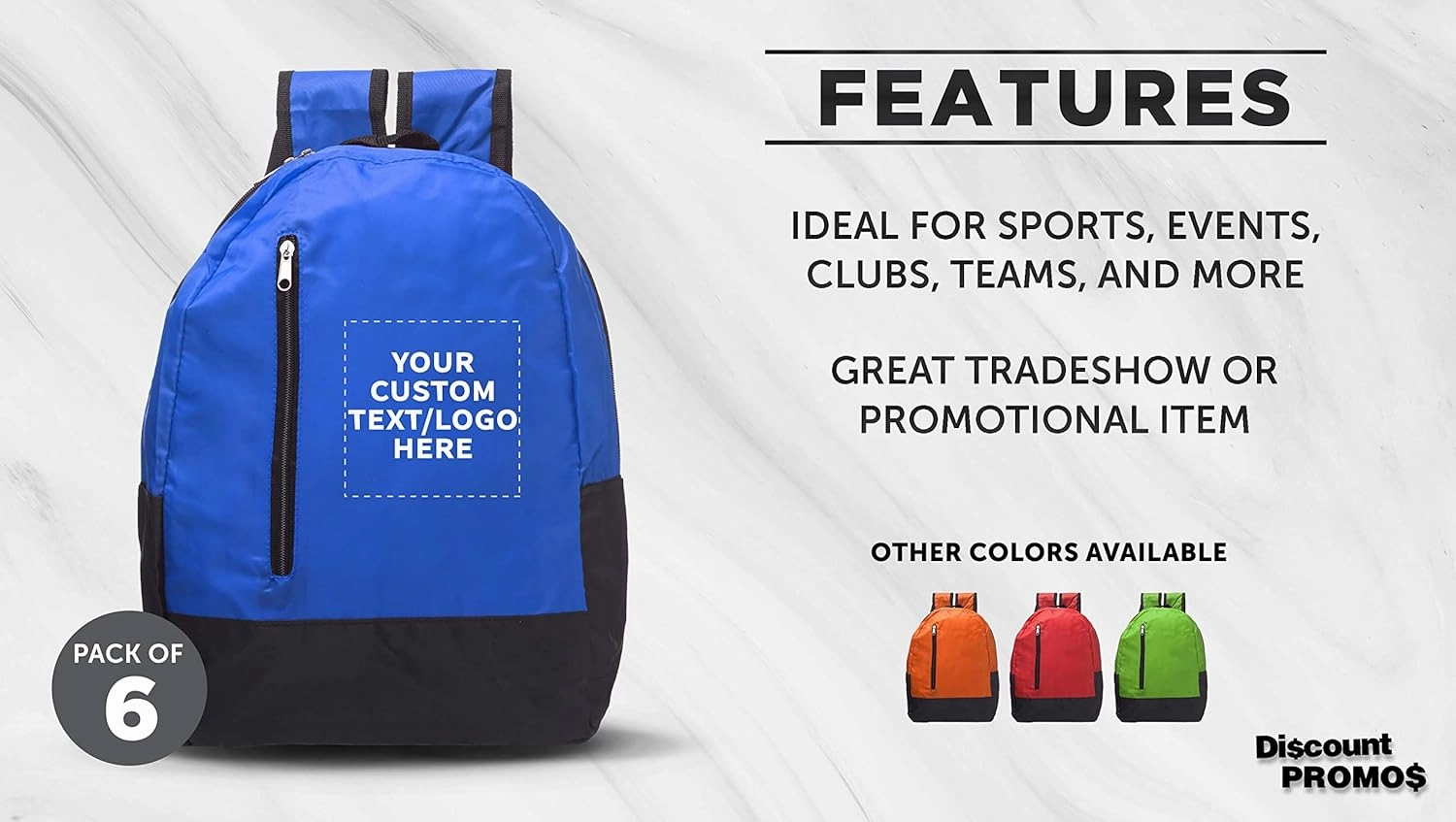 DISCOUNT PROMOS 6 Quick Zip Backpacks Set - Customizable Text, Logo - Polyester, Unique features, Front Pocket, Vibrant - Blue