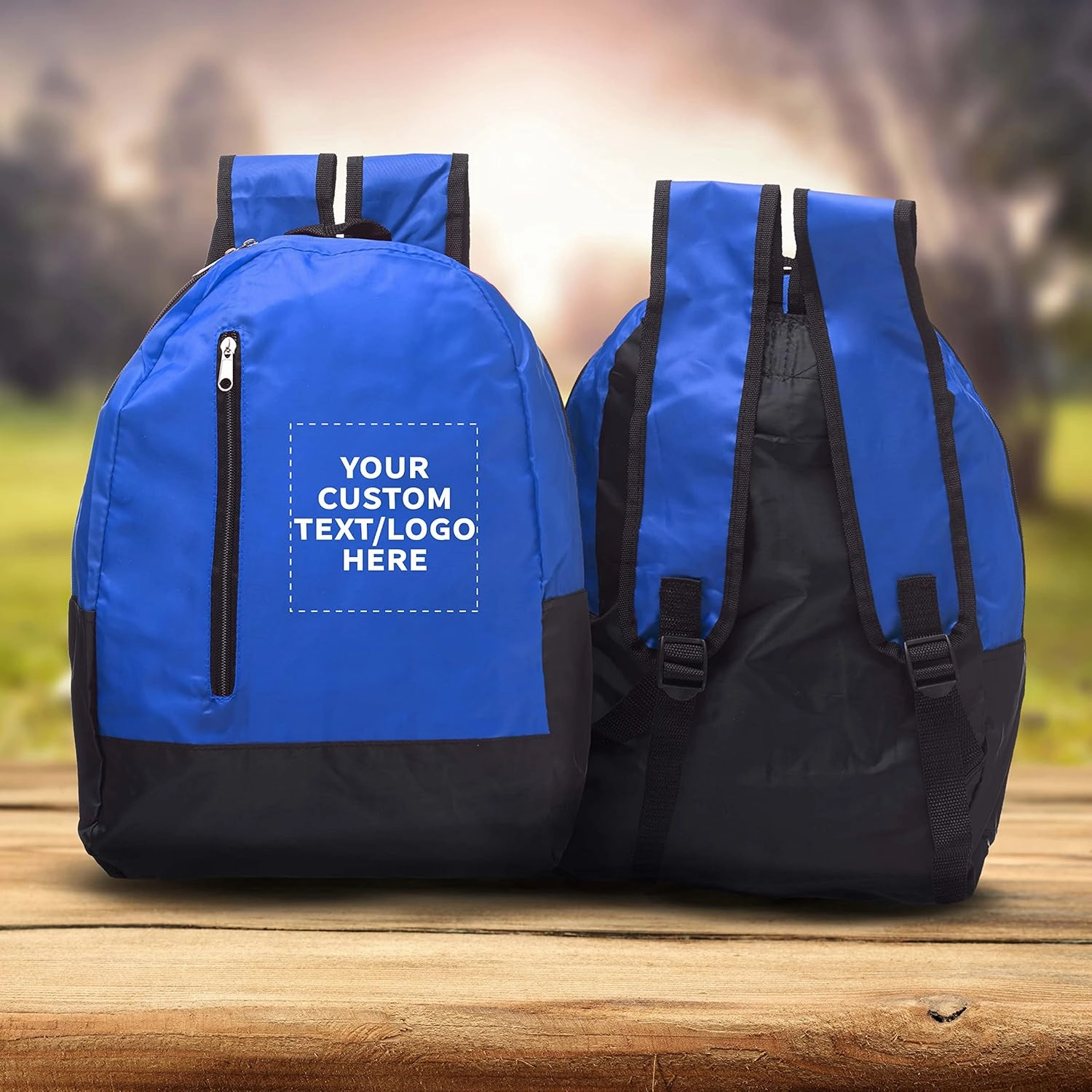 DISCOUNT PROMOS 6 Quick Zip Backpacks Set - Customizable Text, Logo - Polyester, Unique features, Front Pocket, Vibrant - Blue