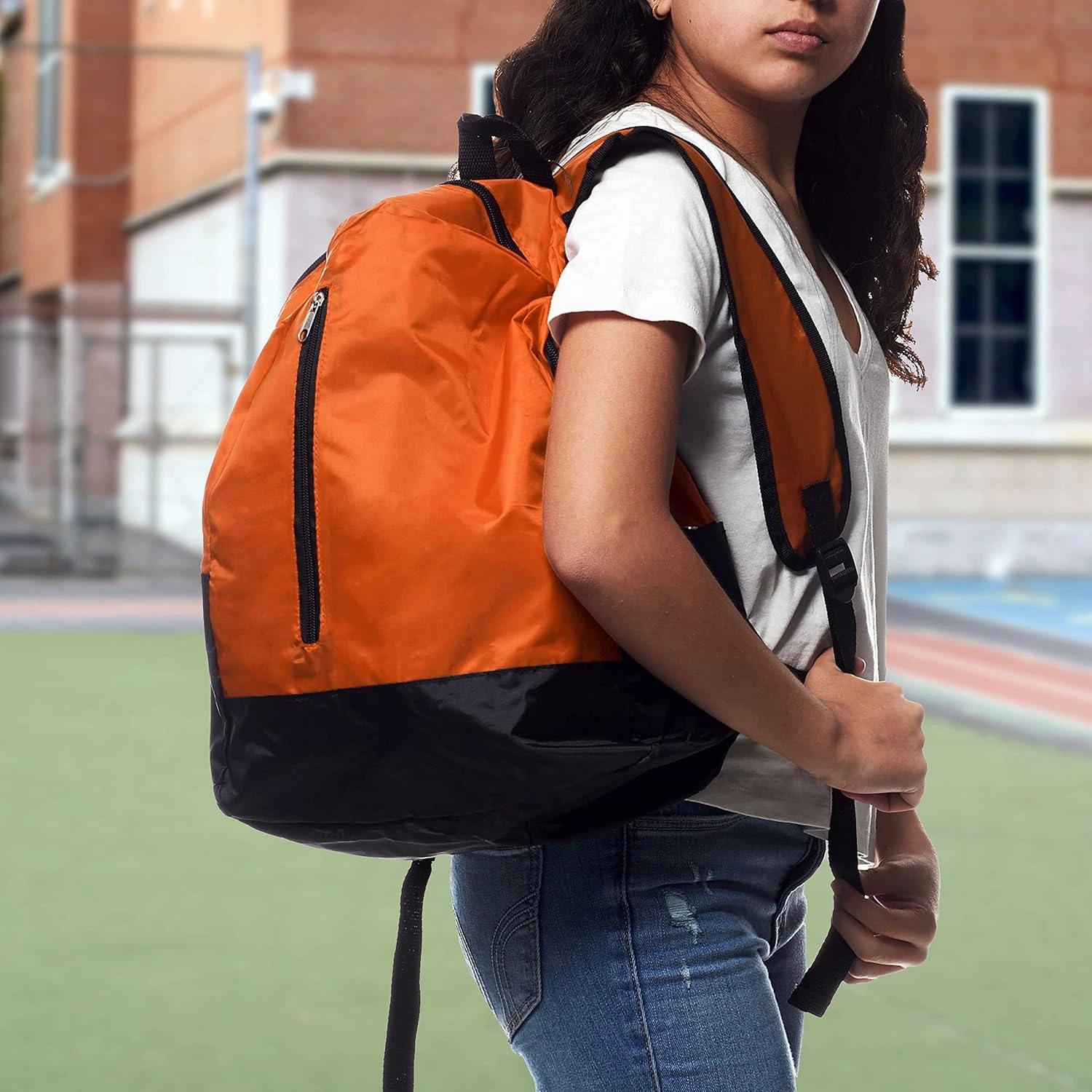 DISCOUNT PROMOS 6 Quick Zip Backpacks Set - Polyester, Unique features, Front Pocket, Vibrant - Orange