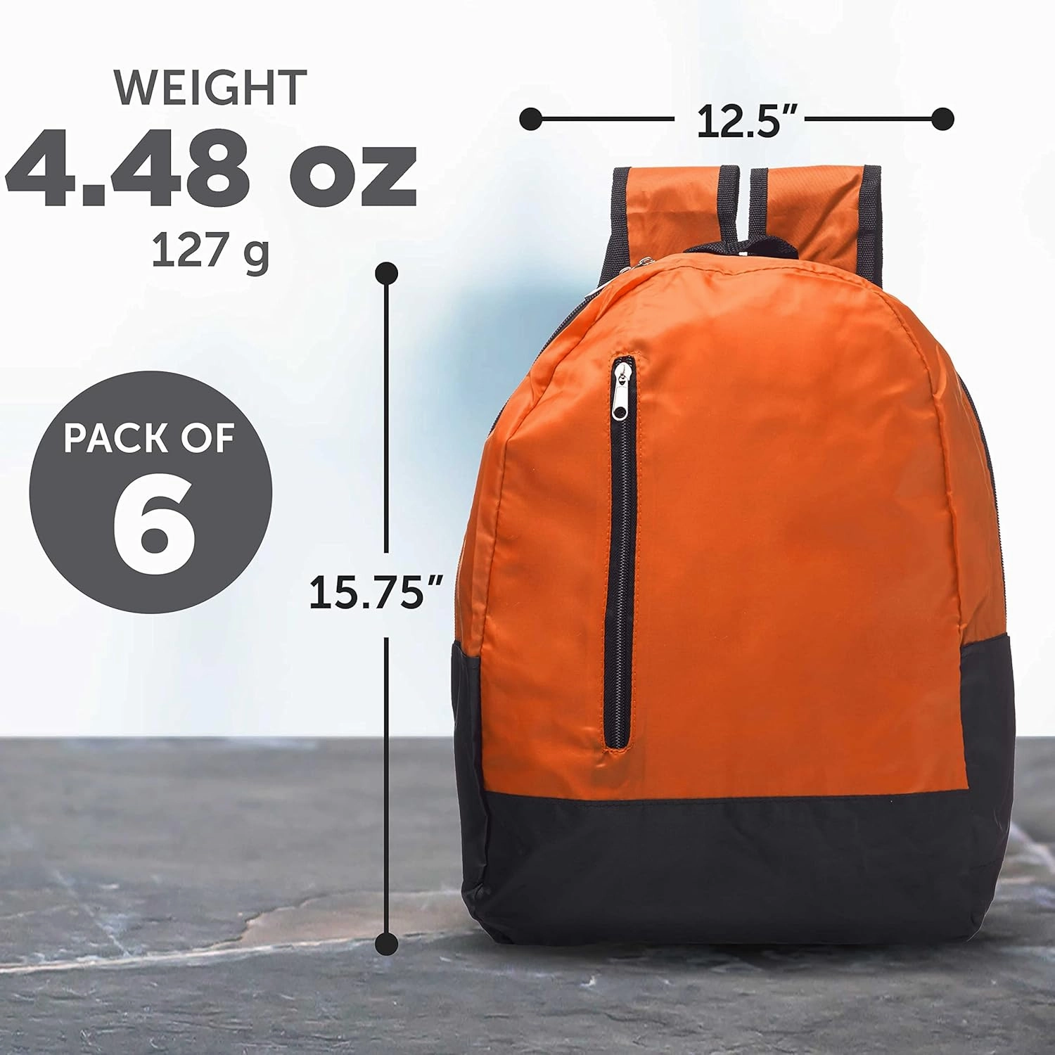 DISCOUNT PROMOS 6 Quick Zip Backpacks Set - Polyester, Unique features, Front Pocket, Vibrant - Orange