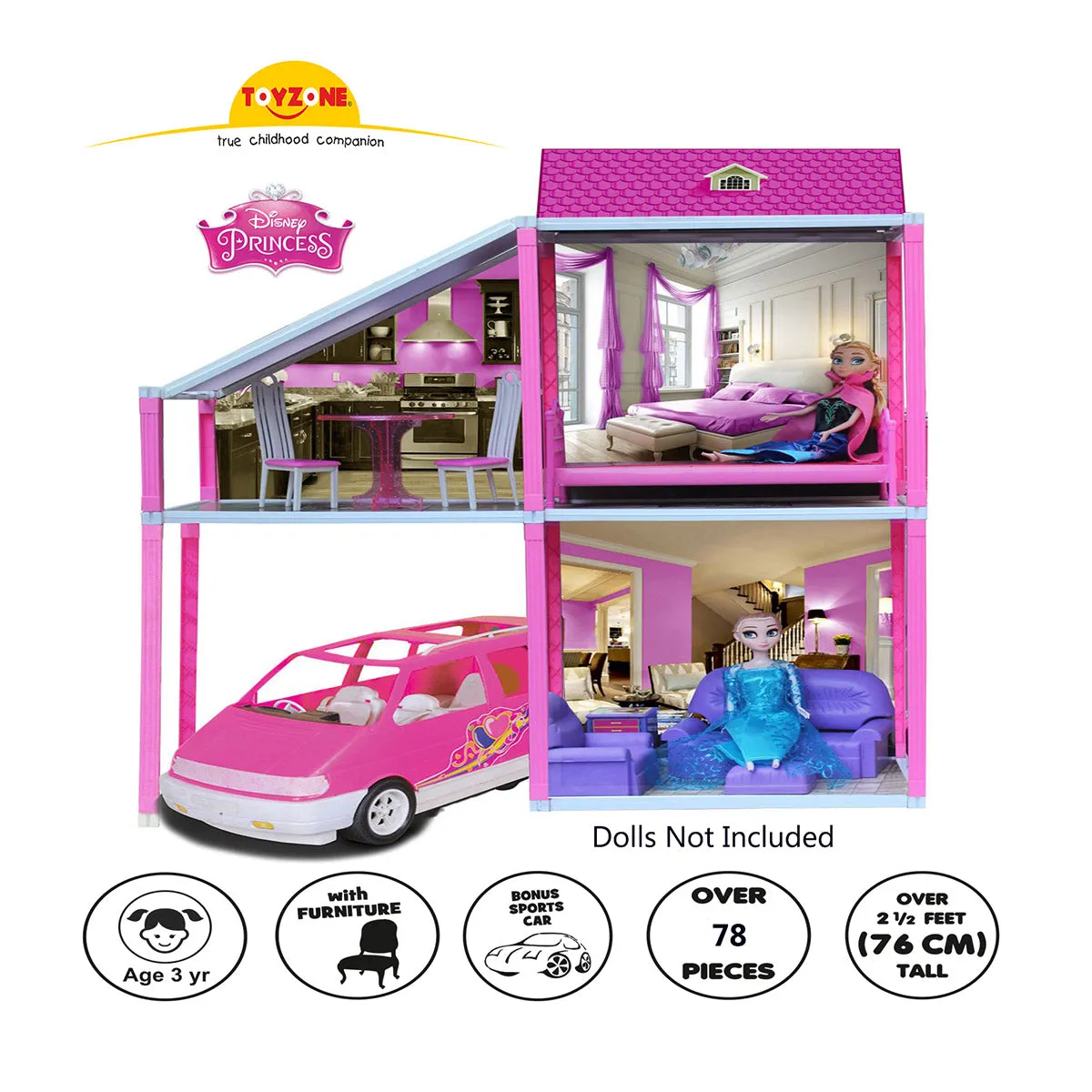 Disney My Town House - 78 pcs | Girls Role Playset | Pretend Play | Doll House with Furniture | Dollhouse Accessories | Imaginative Play | Playhouse | For Kids Age 3  years