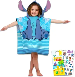 Disney Stitch Hooded Towel Set for Girls - Bundle Hooded Bath Towel with Stickers and More Lilo and Stitch Bathroom Set