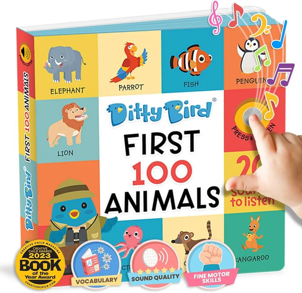 DITTY BIRD Talking Books 100 Animals | 100 Words for Vocabulary & Speech Learning | Sound Books for Toddlers 1-3 | Children's Interactive Toddler Books with Great Pictures | Sturdy Baby Sound Books