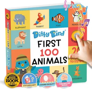 DITTY BIRD Talking Books 100 Animals | 100 Words for Vocabulary & Speech Learning | Sound Books for Toddlers 1-3 | Children's Interactive Toddler Books with Great Pictures | Sturdy Baby Sound Books