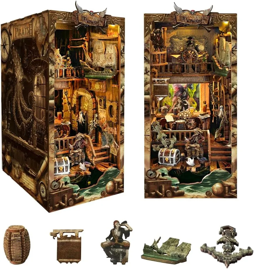 DIY Book Nook Kit - Pirate 3D Wooden Miniature Puzzles with LED Light Dollhouse Model Craft Kits for Adults Bookshelf Insert Decor Gifts for Adults - New World Ship (SQ-36)