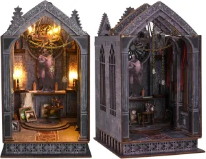 DIY Gothic Book Nook Kit, Dark Castle Bookshelf Insert Miniature Kit Booknook Bookend Stand Bookcase Model Build Creativity Kit Decor Alley with LED Light Dollhouse 3D Wooden Puzzle Bookends