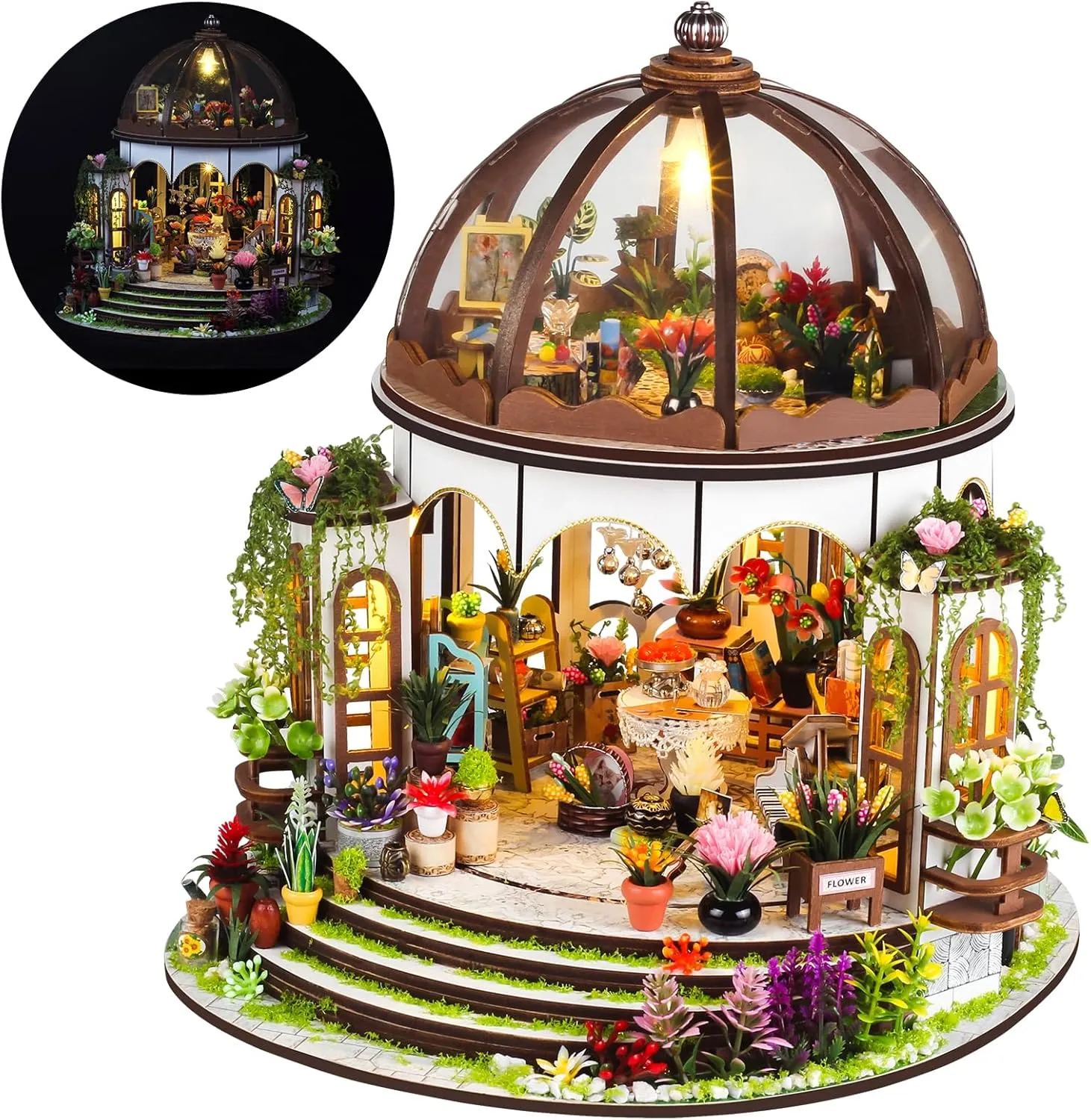 DIY Miniature House Kit, Wooden Garden Mini House with Furniture & LED Light, Creative Dollhouse Kit, Model Building Kit for Adults, Kids (Hanging Garden)