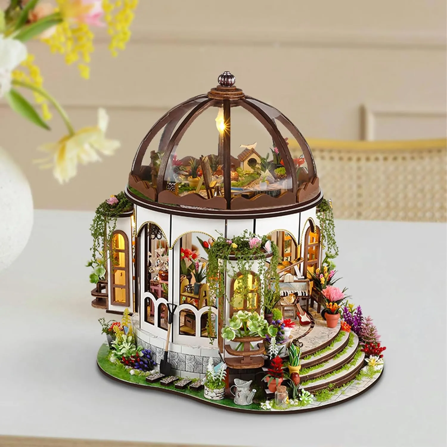 DIY Miniature House Kit, Wooden Garden Mini House with Furniture & LED Light, Creative Dollhouse Kit, Model Building Kit for Adults, Kids (Hanging Garden)