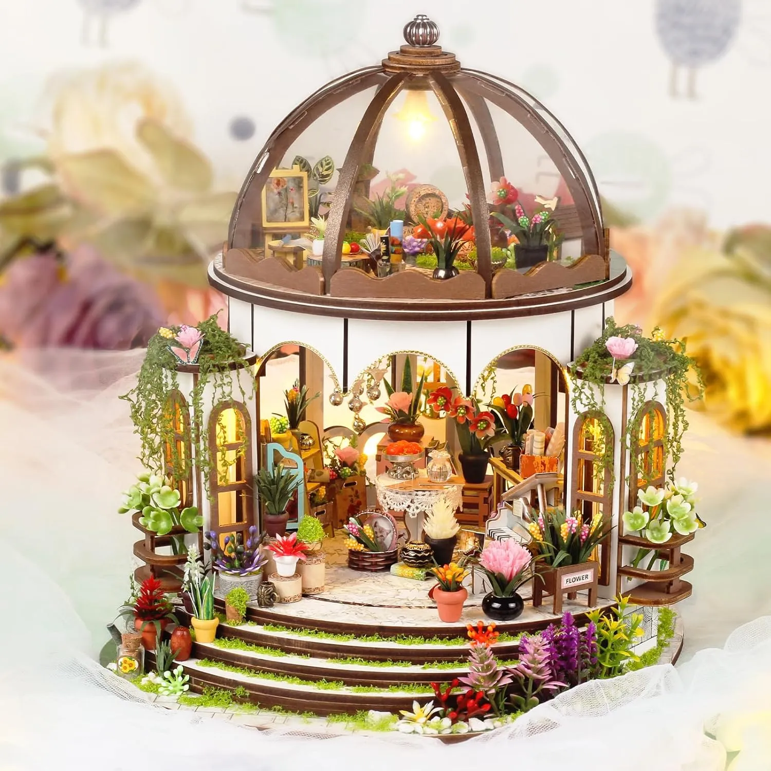 DIY Miniature House Kit, Wooden Garden Mini House with Furniture & LED Light, Creative Dollhouse Kit, Model Building Kit for Adults, Kids (Hanging Garden)