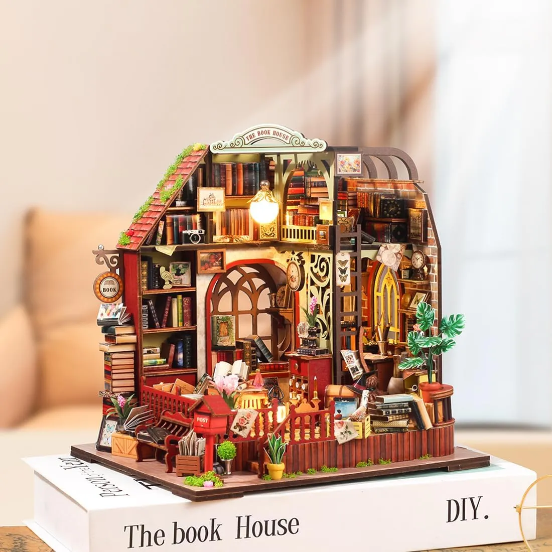 DIY Miniature House Kit, Wooden Garden Mini House with Furniture & LED Light, Creative Dollhouse Kit, Model Building Kit for Adults, Kids (The Book House)