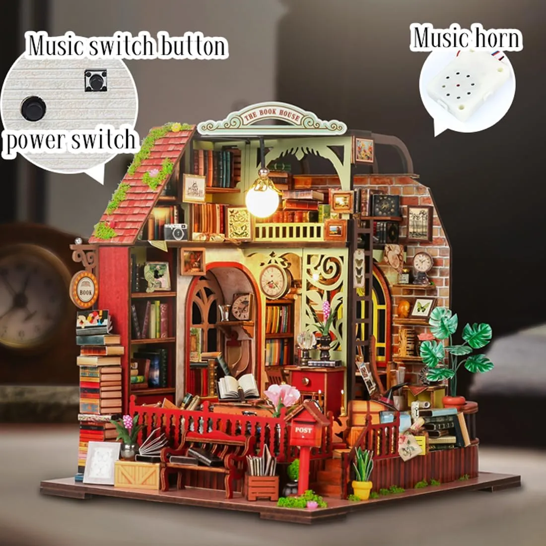 DIY Miniature House Kit, Wooden Garden Mini House with Furniture & LED Light, Creative Dollhouse Kit, Model Building Kit for Adults, Kids (The Book House)