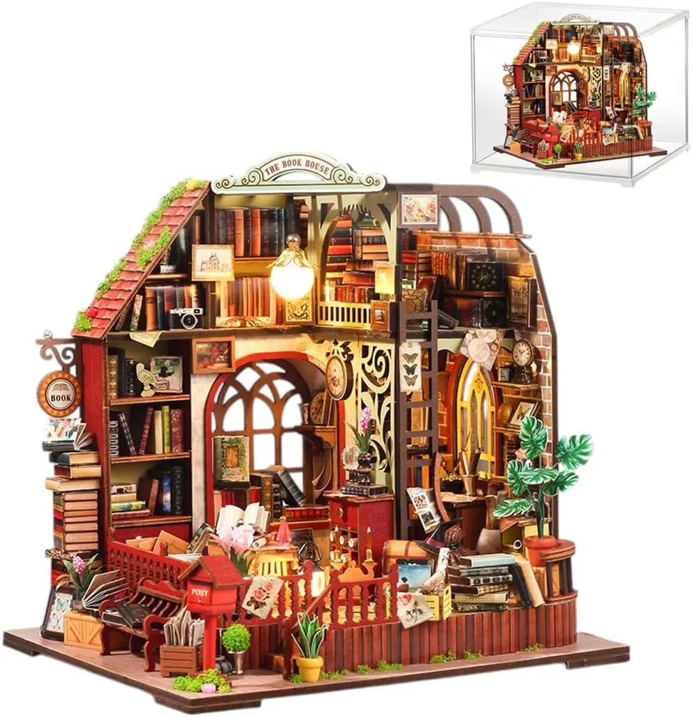 DIY Miniature House Kit, Wooden Garden Mini House with Furniture & LED Light, Creative Dollhouse Kit, Model Building Kit for Adults, Kids (The Book House)