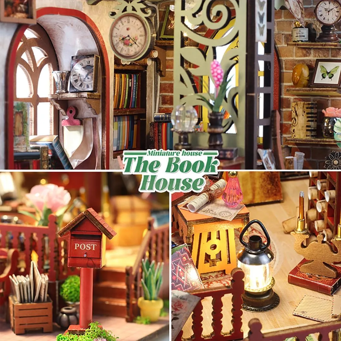 DIY Miniature House Kit, Wooden Garden Mini House with Furniture & LED Light, Creative Dollhouse Kit, Model Building Kit for Adults, Kids (The Book House)