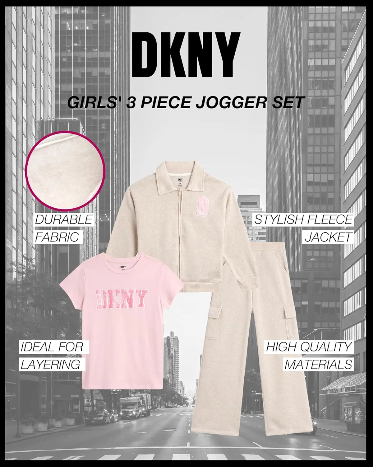 DKNY Girls 3-Piece Athletic Fleece Zip Sweatshirt Hoodie and Jogger Set (4-12)