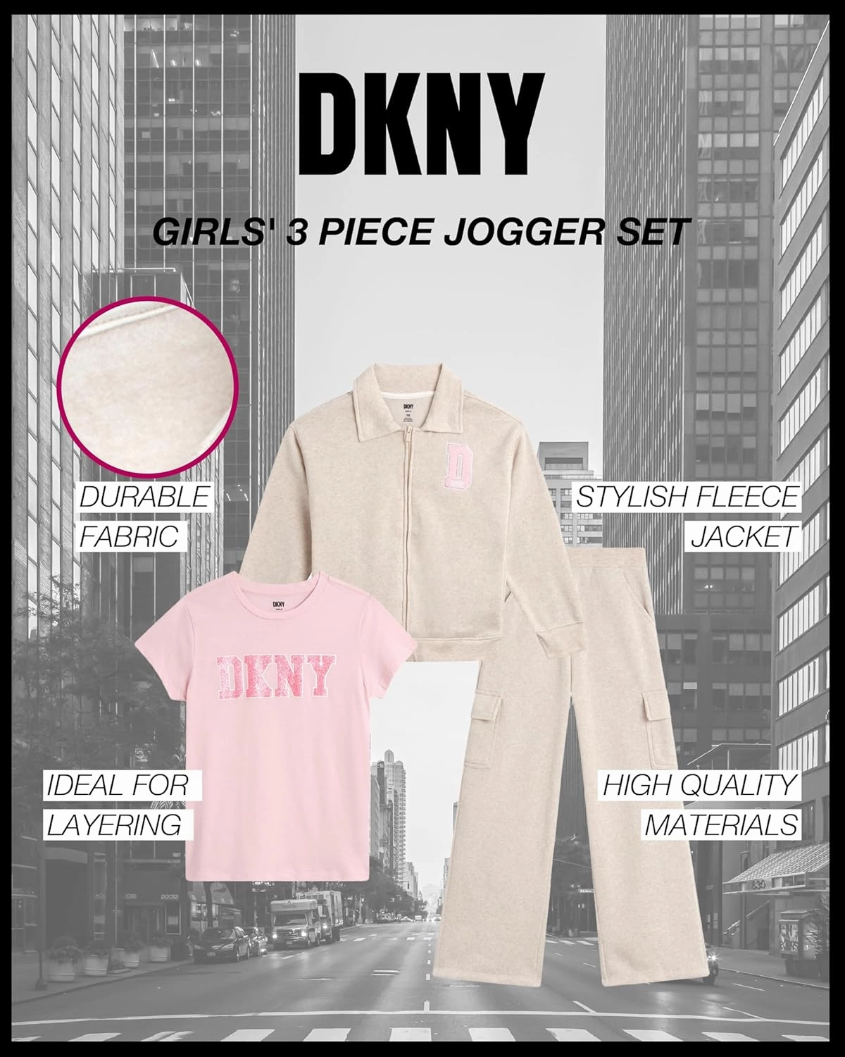 DKNY Girls 3-Piece Athletic Fleece Zip Sweatshirt Hoodie and Jogger Set (4-12)