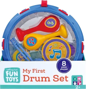 DOLLAR QUEEN Nothing But Fun Toys: My First Drum Set - 8pc Musical Instrument Toys, Percussion Set, Drum & Sticks, Maracas, Castanets, Tambourine, Kids &Toddler 2 
