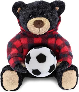 DolliBu Black Bear Stuffed Animal with Soccer Ball Plush and Red Plaid Hoodie - Super Soft Teddy Bear Plush Toy, Cute Wildlife Gift for Kids and Adults - 10 Inch