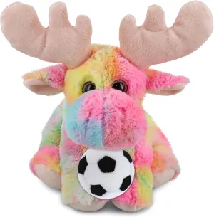 DolliBu Rainbow Floppy Moose - Super Soft Stuffed Animal with Soccer Ball Plush - Soft Huggable Moose, Playtime Plush Toy, Wildlife Gift, Cute Plush Doll Animal Toy for Kids and Adults - 9 Inches