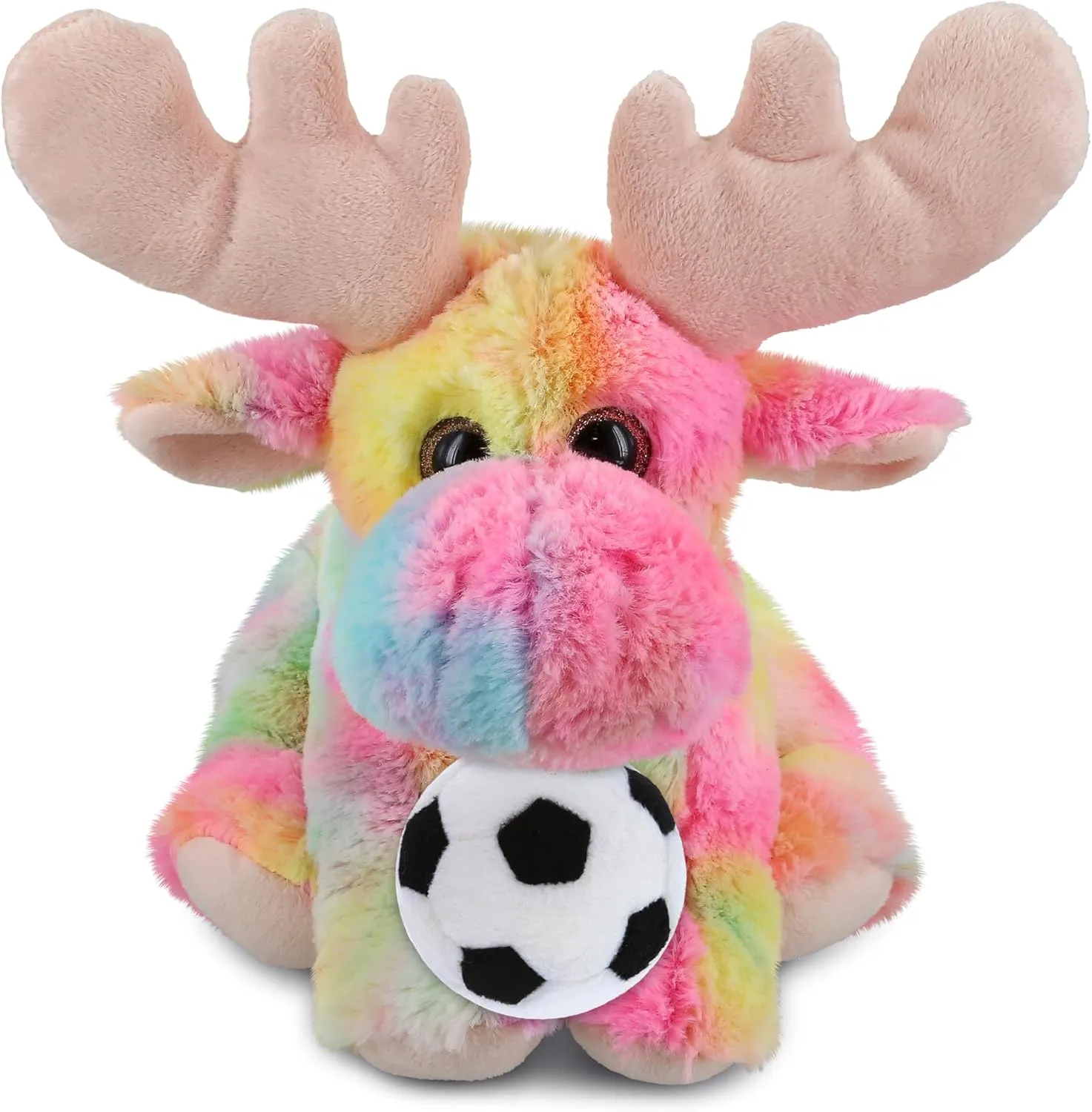 DolliBu Rainbow Floppy Moose - Super Soft Stuffed Animal with Soccer Ball Plush - Soft Huggable Moose, Playtime Plush Toy, Wildlife Gift, Cute Plush Doll Animal Toy for Kids and Adults - 9 Inches