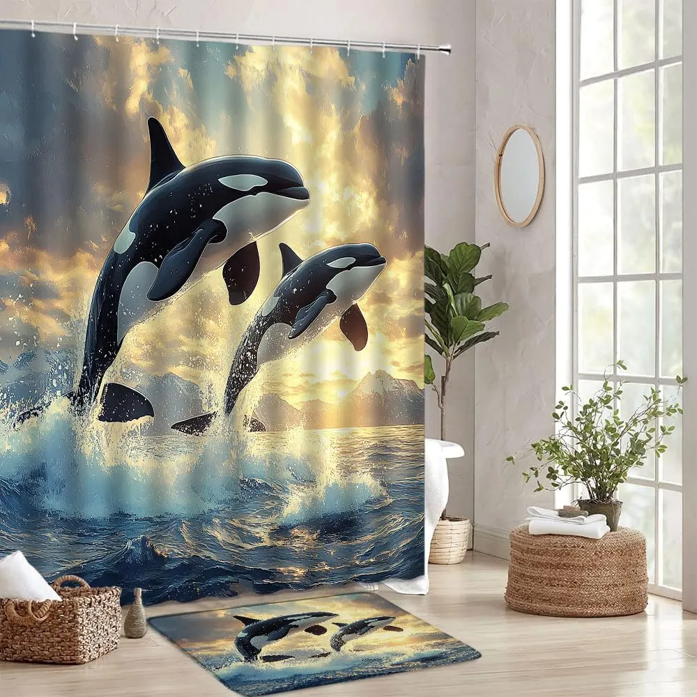 Dolphin 2Pcs Bathroom Sets Jumping Dolphins Blue Underwater World Kids Ocean Cool Animal Sea Fish Beach Coastal Summer Waves Nautical Shower Curtain   Bath Mat Set