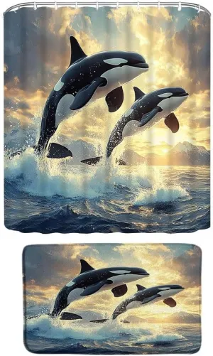 Dolphin 2Pcs Bathroom Sets Jumping Dolphins Blue Underwater World Kids Ocean Cool Animal Sea Fish Beach Coastal Summer Waves Nautical Shower Curtain   Bath Mat Set