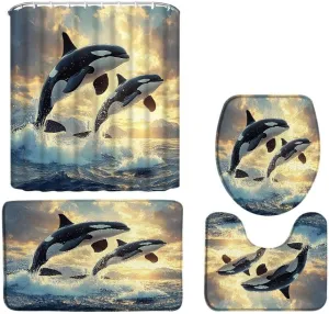Dolphin 4Pcs Bathroom Sets Jumping Dolphins Blue Underwater World Kids Ocean Cool Animal Sea Fish Beach Coastal Summer Waves Nautical Shower Curtain Toilet Mat Lid U-Shaped Rug Bath Mat