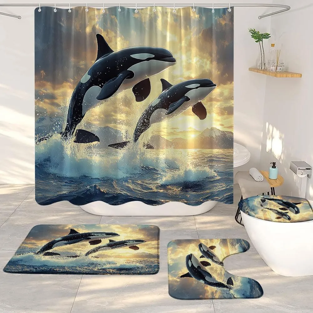 Dolphin 4Pcs Bathroom Sets Jumping Dolphins Blue Underwater World Kids Ocean Cool Animal Sea Fish Beach Coastal Summer Waves Nautical Shower Curtain Toilet Mat Lid U-Shaped Rug Bath Mat