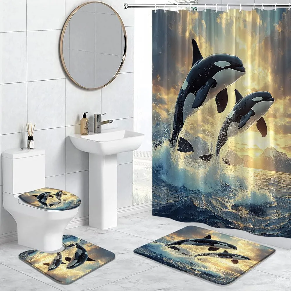 Dolphin 4Pcs Bathroom Sets Jumping Dolphins Blue Underwater World Kids Ocean Cool Animal Sea Fish Beach Coastal Summer Waves Nautical Shower Curtain Toilet Mat Lid U-Shaped Rug Bath Mat
