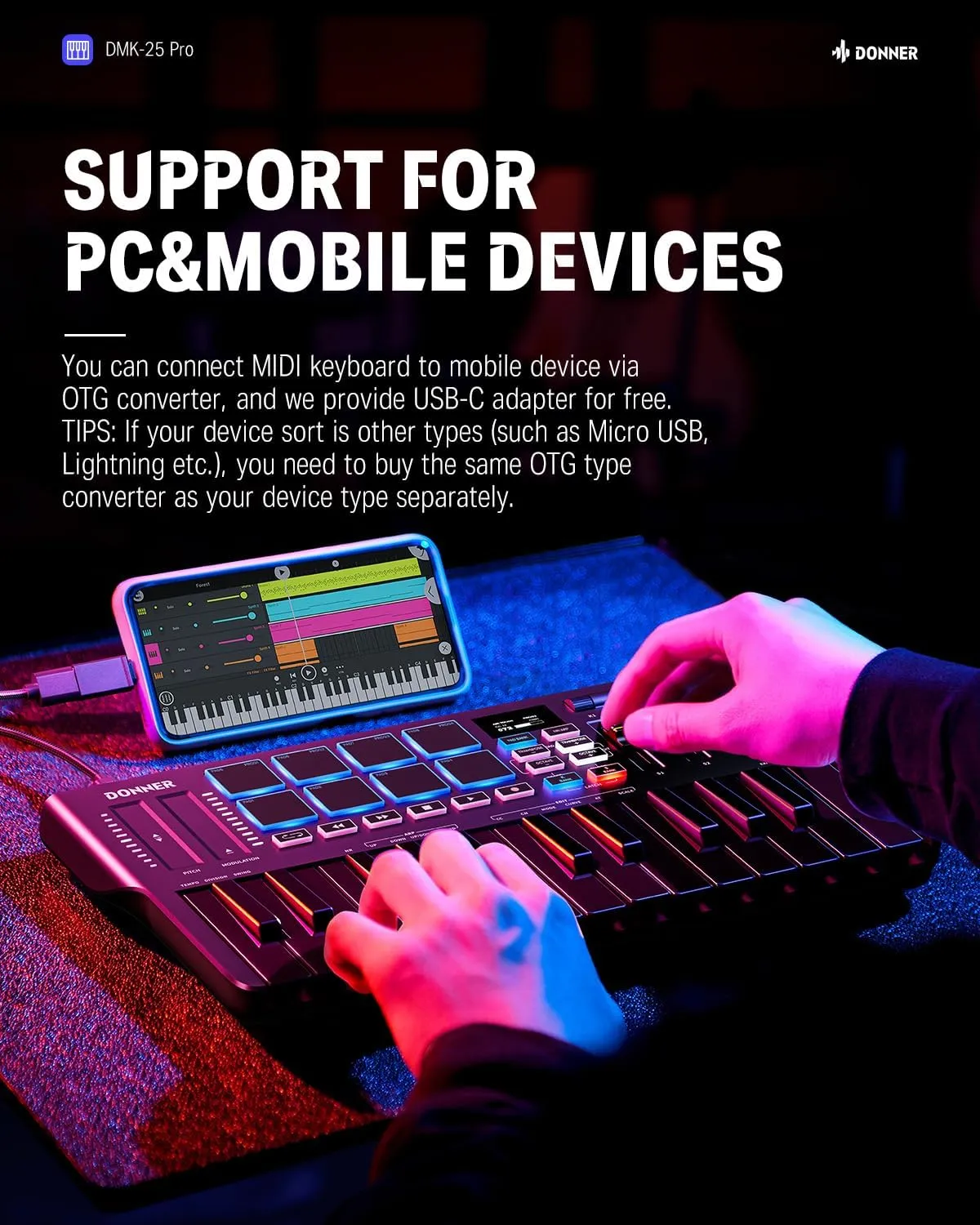 Donner USB-C MIDI Keyboard Controller, 25 Key Portable Mini MIDI Keyboard with 8 Drum Pads, OLED Display, 16 Smart Scales, Arpeggio, Replay, 4 DAW Software and 40 Teaching Courses, DMK 25 Pro Black