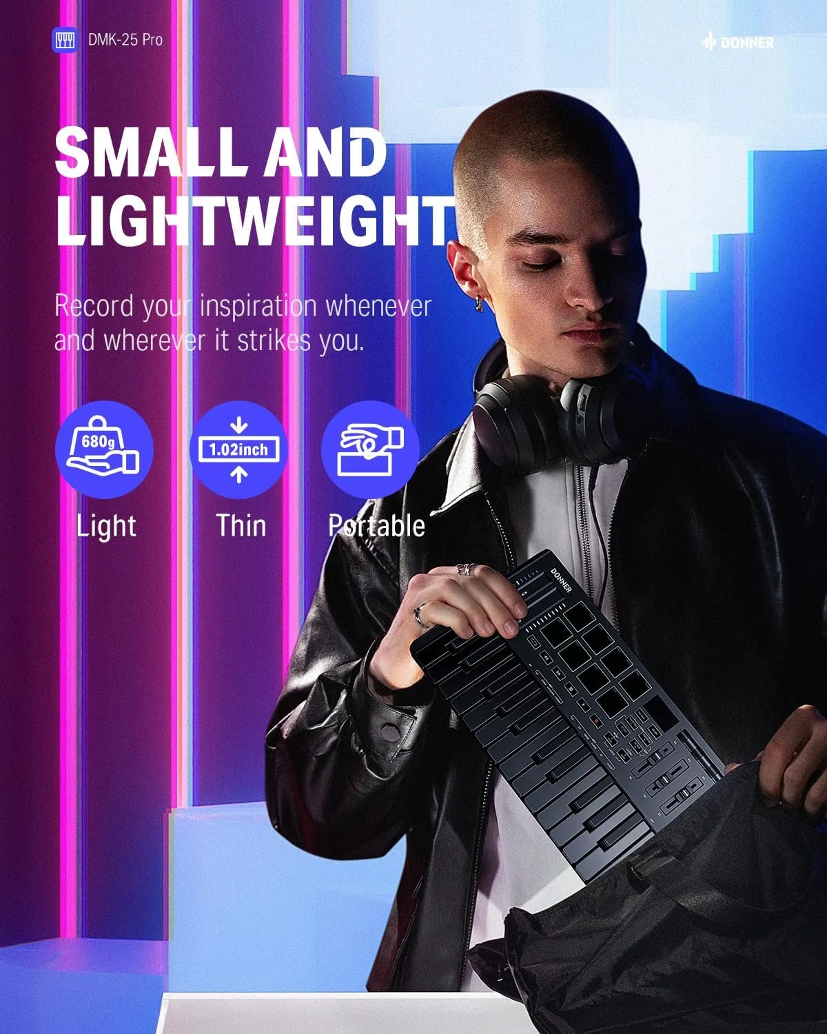 Donner USB-C MIDI Keyboard Controller, 25 Key Portable Mini MIDI Keyboard with 8 Drum Pads, OLED Display, 16 Smart Scales, Arpeggio, Replay, 4 DAW Software and 40 Teaching Courses, DMK 25 Pro Black