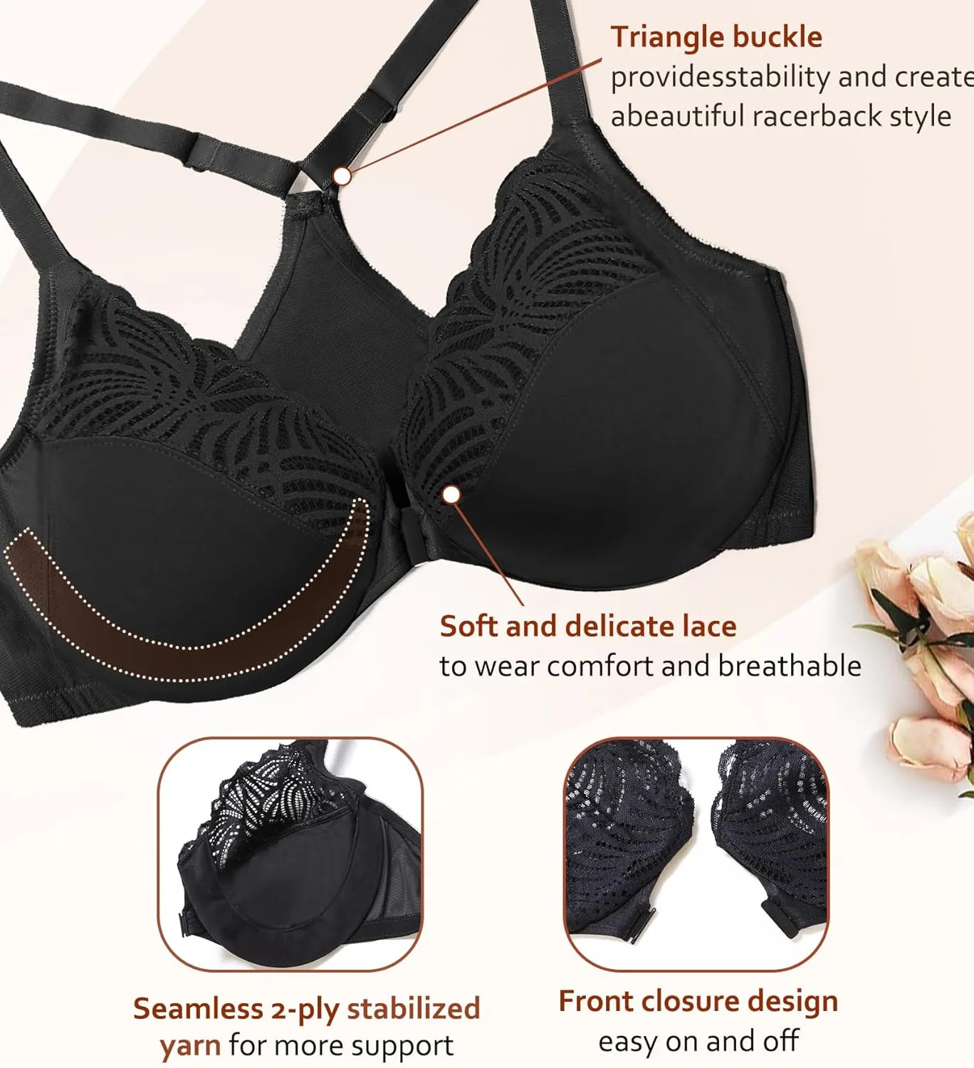 DotVol Women's Front Close Bra T Back Full Figure Underwire Plus Size Seamless Unlined Bra for Large Bust