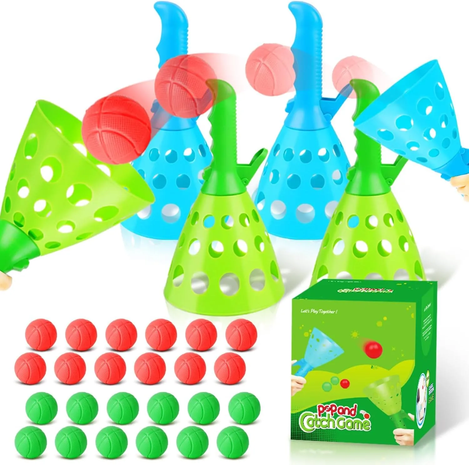 Duckura Outdoor Indoor Game Activities for Kids, Pop-Pass-Catch Ball Game with 4 Catch Launcher Baskets and 24 Balls, Easter Basket Stuffers Gifts Party Favors Beach Sport Toys for Kids Age 5 6 7 8 9 